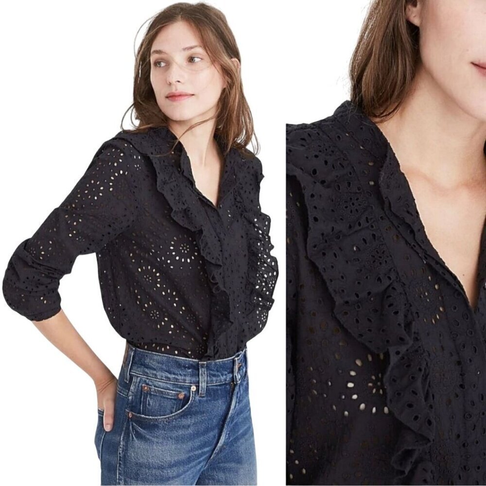 Madewell Ruffled Front Eyelet Lace Black Button Front Blouse Size S